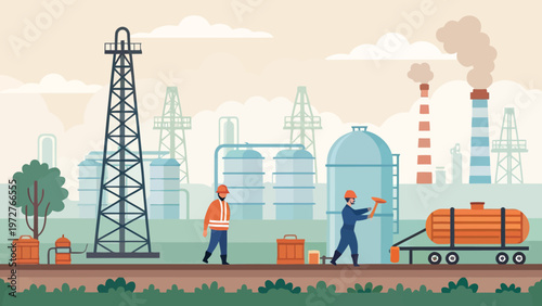 Two workers in orange hard hats and vests walk through an industrial site with oil rigs, storage tanks, and smokestacks emitting smoke.