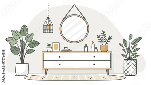 A serene and modern living room interior with a stylish dresser and lush green plants