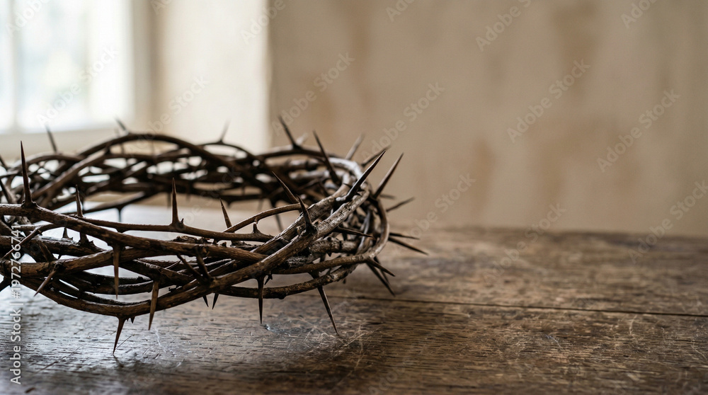 Fototapeta premium Crown of thorns resting on wooden surface with natural light