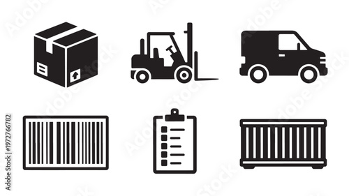 Logistics Icons Set with Shipping, Truck, Forklift, Barcode and Warehouse Symbols on Transparent Background