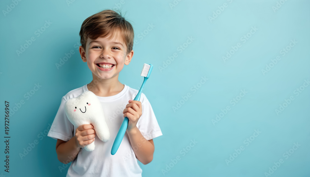 Fototapeta premium Kid smiles holding plush tooth and toothbrush. Young boy promotes good dental hygiene and healthy baby teeth care. Pediatric dentistry concept with copy space.