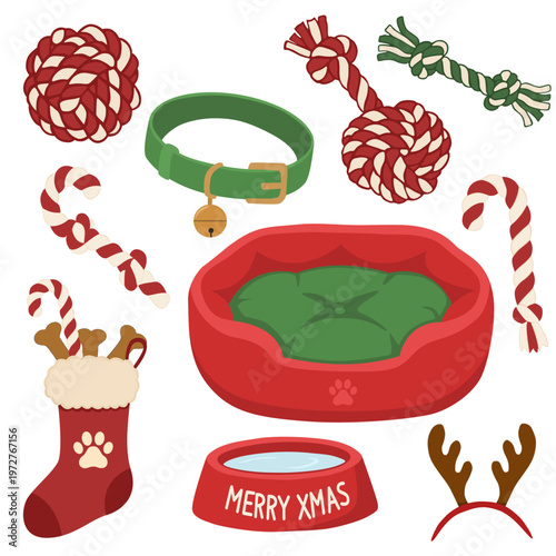 Christmas dog accessories set with red pet bed green collar stocking candy cane toys and reindeer antlers headband on a transparent background.