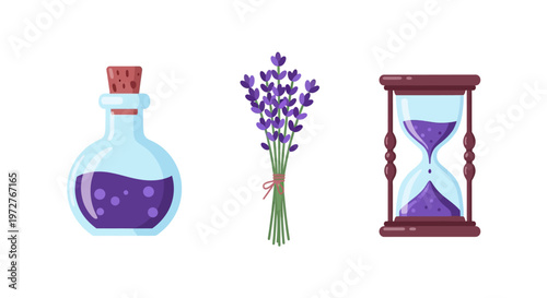 Flat style aromatherapy set with lavender bundle potion bottle and