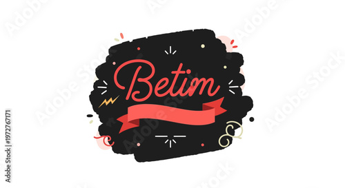 Stylized handwritten red ribbon banner with decorative elements on