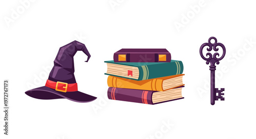 Magical elements: witch hat vintage books and antique key on white