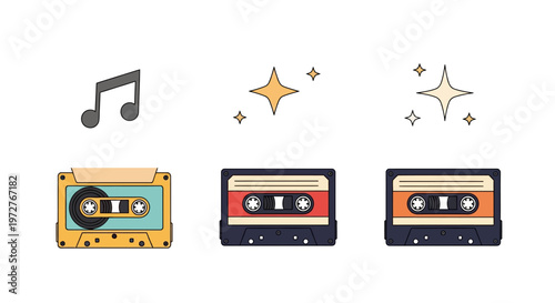 Retro cassette tape collection with musical note and sparkle elements