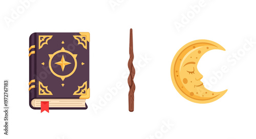 Magical book wand and moon with face in flat design on white