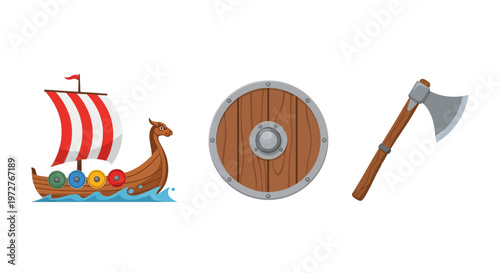 Viking set with longship wooden shield and battle axe