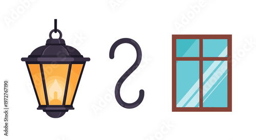 Cozy lantern and window elements with decorative hook on white