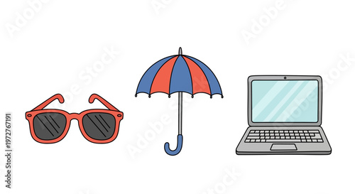 Colorful sunglasses umbrella and laptop on white background