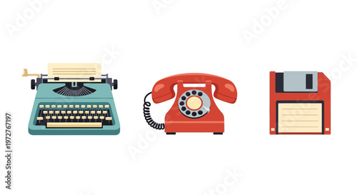 Vintage technology icons: typewriter rotary phone and floppy disk
