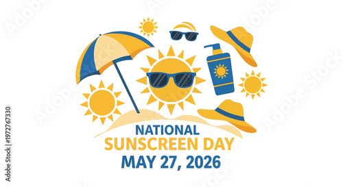 National Sunscreen Day graphic with sun, umbrella, and sunscreen isolated on background