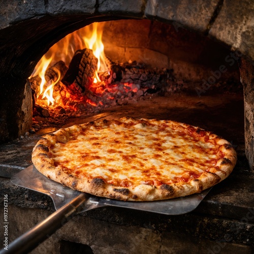 New York Style Pizza frisch aus dem Ofen auf Pizzaschieber
Amerikanische Pizza mit geschmolzenem Käse direkt vor offenen Flammen im Ofen
