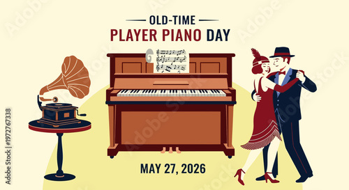 Vintage couple dancing near piano and gramophone isolated on background