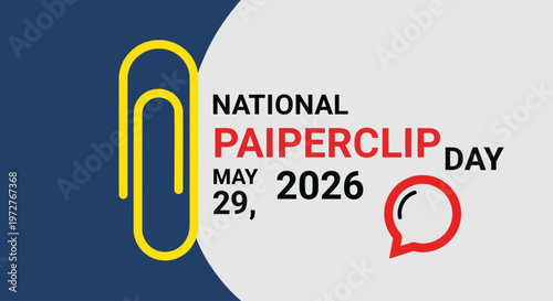 National Paperclip Day celebration banner with yellow and red paperclips isolated on background