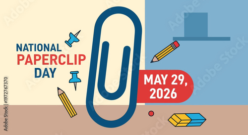 National Paperclip Day graphic with office supplies isolated on background