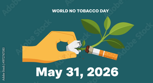 World No Tobacco Day illustration with hand holding plant replacing cigarette isolated on background