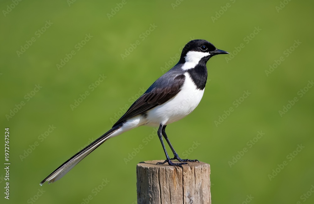 Obraz premium White wagtail bird perches on wooden post. Small black and white avian species sits in nature. Wildlife fauna watches calmly on green background. Birdwatching.