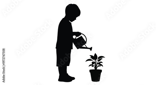 Black silhouette of a child watering a potted plant isolated on white background.