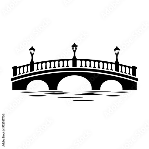 Bridge silhouette with streetlights and reflection in the water, black and white architectural design