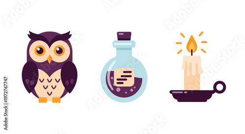 Cute cartoon owl potion and candle halloween elements