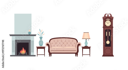 Elegant living room with fireplace sofa and grandfather clock in flat