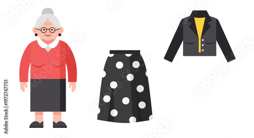 Elderly woman in flat design with fashionable polka dot skirt and