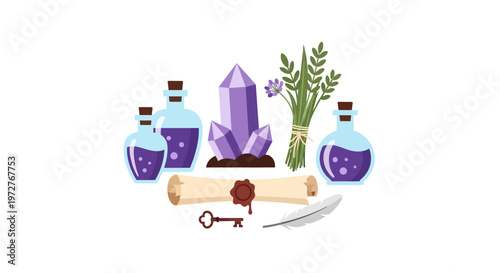Magical potion ingredients with crystal key and scroll on white