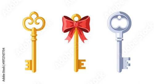 Set of decorative keys with red bow in flat style
