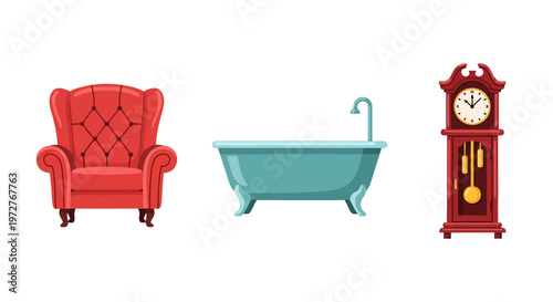 Retro furniture collection featuring armchair bathtub and grandfather