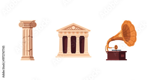 Classic architecture and retro music: column temple gramophone