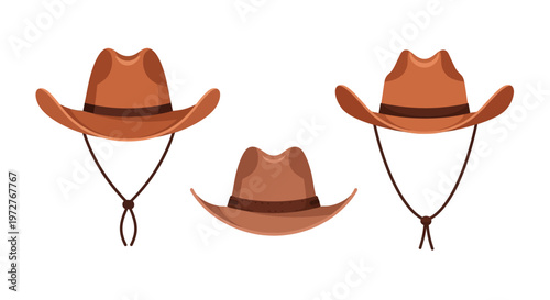 Classic cowboy hats with brown bands on white background
