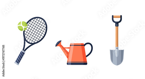 Tennis racket watering can and shovel in flat design on white