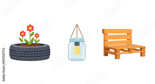 Creative upcycling ideas with tire planter jar lamp and pallet bench