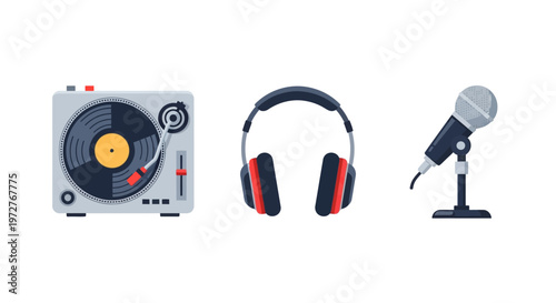 Musical equipment icons featuring turntable headphones and microphone