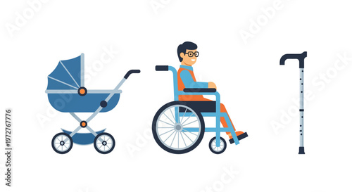 Generations: baby stroller person in wheelchair walking cane icon set