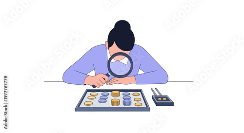 Businesswoman analyzing coins with magnifying glass in modern office