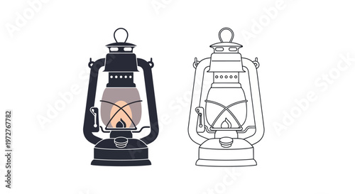 Vintage lanterns: filled and outline designs with warm glow