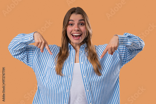 Blonde Woman Blogger Pointing Down,Advertising Adds. Click To Subscribe, Mockup