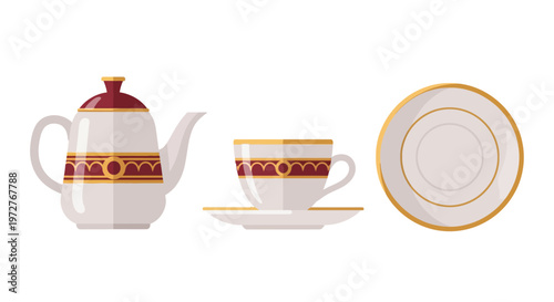 Elegant porcelain tea set with red and gold accents on white