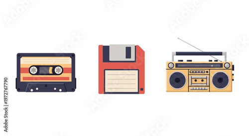 Retro technology: cassette tape floppy disk and boombox in flat design