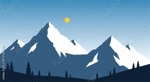 Snowy mountains landscape. Mountains covered with snow. Mountain range and blue sky. Vector illustration.