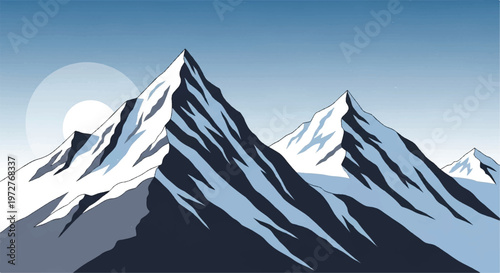 Snowy mountains landscape. Mountains covered with snow. Mountain range and blue sky. Vector illustration.