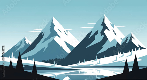 Snowy mountains landscape. Mountains covered with snow. Mountain range and blue sky. Vector illustration.