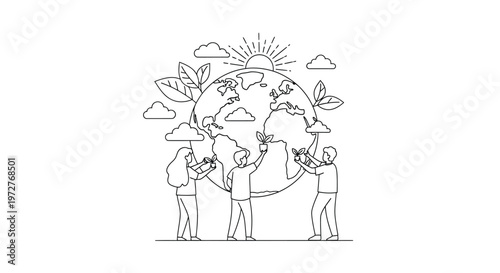 Group of people carefully plant seedlings around the planet earth globe representing environmental conservation and ecological stewardship.