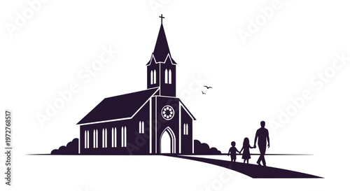Family walks along a path towards a traditional church structure symbolizing faith community and spiritual gathering for worship.