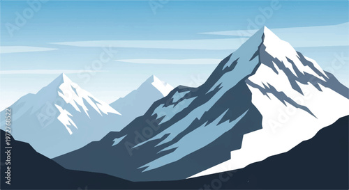 Snowy mountains landscape. Mountains covered with snow. Mountain range and blue sky. Vector illustration.