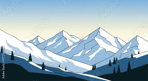 Snowy mountains landscape. Mountains covered with snow. Mountain range and blue sky. Vector illustration.