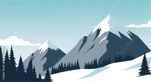 Snowy mountains landscape. Mountains covered with snow. Mountain range and blue sky. Vector illustration.