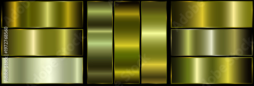 Yellow metallic gradient with frame on black background. nine shiny metallic gradients. golden foil texture.